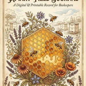 Puede incluir: Un diario de campo apícola, registro digital e imprimible para apicultores. La portada presenta un panal dorado central con miel goteando, rodeado de ilustraciones de abejas, lavanda, amapolas y colmenas en un entorno paisajístico.