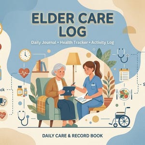 May include: An Elder Care Log daily journal, health tracker, and activity log book cover featuring an illustration of a caregiver and an older person. The design includes icons for vitals, daily activities, and social engagement on a beige background.
