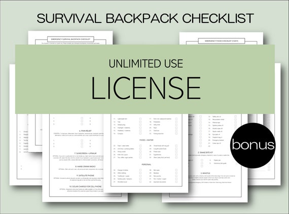 Unlimited Use LICENSE Survival Backpack Checklist Prepper A4 PDF