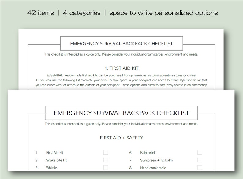 Survival Backpack Checklist Emergency Prepper A4 PDF Printable Survival