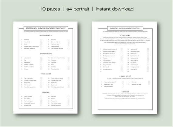 Survival Backpack Checklist Emergency Prepper A4 PDF Printable