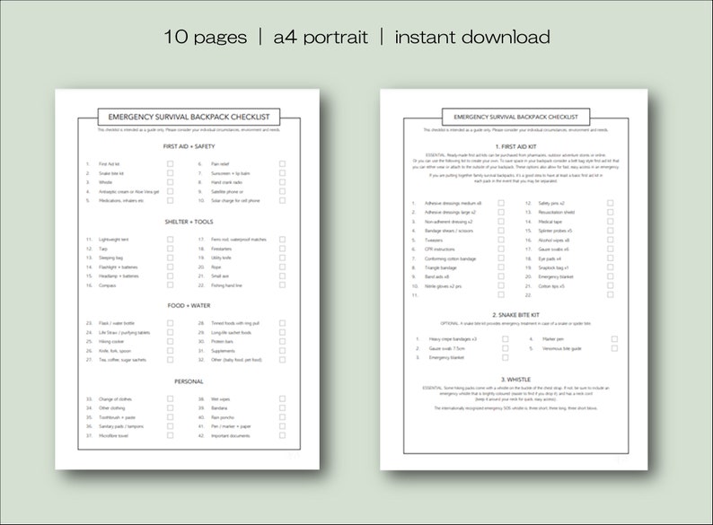 Survival Backpack Checklist Emergency Prepper A4 PDF Printable Survival