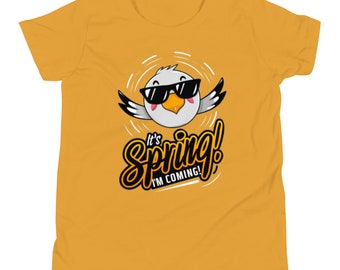 Es ist Frühling ich komme Vogel T-Shirt Gelber Text für Jungen & Mädchen, Jugend Kurzarm T-Shirt