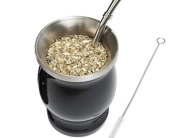 Premium Argentine Yerba Mate Kit: Doppelwandiger 8oz Edelstahl Mate-Becher mit Bombillas und Reinigungsbürste