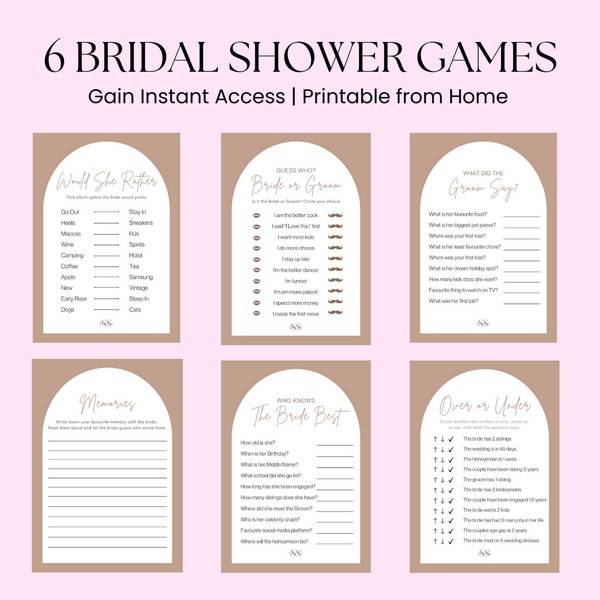 Arch Minimalist Hens Day Game Bundle | Neutral Colours | 6 Printable Games for Bachelorette | Games about the Bride | Games about the Groom