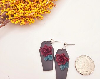 Coffin earrings / Black clay coffin with rose dangle earrings