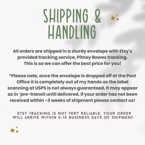 Op de afbeelding: Een witte informatieve afbeelding met saliegroene tekst getiteld SHIPPING & HANDLING. Het beschrijft verzending in een envelop, Pitney Bowes tracking, USPS scanbeperkingen, een contactperiode van drie weken en een levertijd van vijf tot tien dagen.