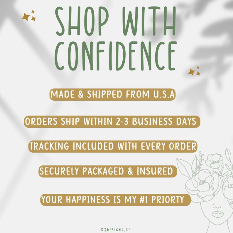 Op de afbeelding: Een afbeelding met de tekst SHOP WITH CONFIDENCE in het groen, gevolgd door vijf bronskleurige horizontale balken met de tekst: MADE & SHIPPED FROM U.S.A, ORDERS SHIP WITHIN 2-3 BUSINESS DAYS, TRACKING INCLUDED WITH EVERY ORDER, SECURELY PACKAGED & INSURED, YOUR HAPPINESS IS MY #1 PRIORTY.