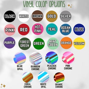 Op de afbeelding: Een kleurenkaart met de titel VINYL COLOR OPTIONS met diverse cirkelvormige kleurstalen. De kleuren zijn zwart, wit, bruin, goud, zilver, roze, rood, felroze, taling, oceaanblauw, blauw, paars, bosgroen, groen, mintgroen, oranje, geel en opaal.
