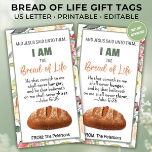 Afdrukbare broodcadeautag, ik ben het brood van het leven, bewerkbare cadeautag, buurcadeau, christelijke cadeautag, Johannes 6:35