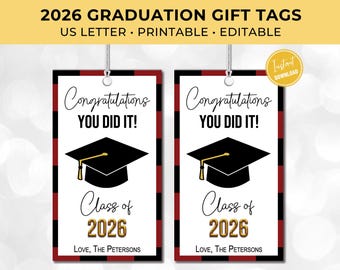 Graduation Gift Tags for Class of 2026, Printable Student Graduate Cap Favor Tag, High School or College Senior, Congratulations You Did It!