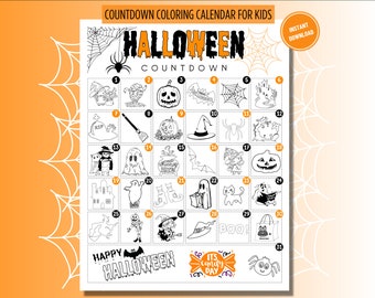 Halloween Countdown Ausmalkalender, druckbarer Halloween Adventskalender, Halloween Kinder Aktivität, Count Down Tage bis Süßes oder Saures