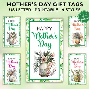 Muttertag Geschenkanhänger, Boho Floral elegante Aquarell Vasen mit schönen Blumen, bedruckbares 4er-Set für Mama, Frau, Oma, Schwester