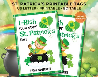 Editable St. Patrick's Day Gift Tag, Irish You a Happy St. Patrick's Day, Pot of Gold Gift Tags for Neighbors, Friends, Coworkers, Staff