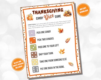 Thanksgiving Candy Dice Game, Thanksgiving Dinner Party Game, Thanksgiving Game for Office Party, Printable Thanksgiving Candy Game for Kids