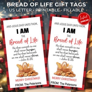 以下が含まれることがあります： 赤と黒の格子柄の背景を持つ、印刷可能なギフトタグ2枚。タグは白い背景に「私はいのちのパンである」というテキストとヨハネ6:35からの聖書の詩句が書かれています。タグには「メリークリスマス！」というテキストと「From:」と書くためのスペースもあります