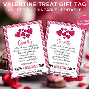 Etiqueta de regalo editable de San Valentín, etiqueta de regalo feliz del día de San Valentín, etiqueta de regalo cristiana con Escritura de caridad, la caridad nunca falla