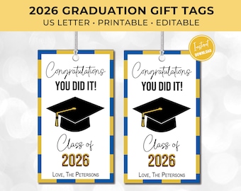 Graduation Gift Tags for Class of 2026, Printable Student Graduate Cap Favor Tag, High School or College Senior, Congratulations You Did It!