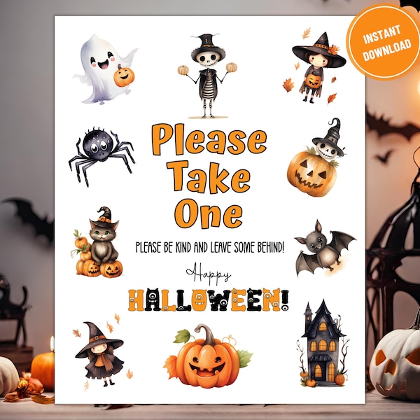 Halloween Trick or Treat Sign, Halloween Candy Sign Printable, Please Take One Sign, Please Be Kind and Leave Some Behind, Take a Treat Sign
