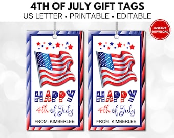 4th of July Printable Tags, Happy 4th of July Flag Gift Tags, Fourth of July Gift Tags, Independence Day Printable Tag, Editable Download