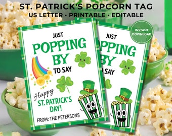 Popcorn St. Patrick's Day Gift Tag, Just Popping By to Wish You a Happy St. Patrick's Day, Friend or Neighbor Gift, St. Patrick's Treat Tag