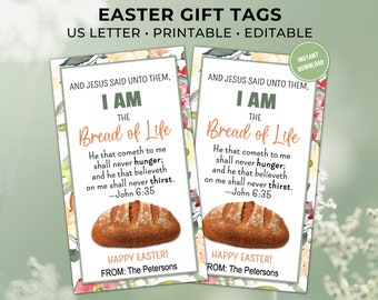 Printable Easter Gift Tag, I Am the Bread of Life, Editable Gift Tag, Bread Gift Tag, Neighbor Gift, Christian Gift Tag