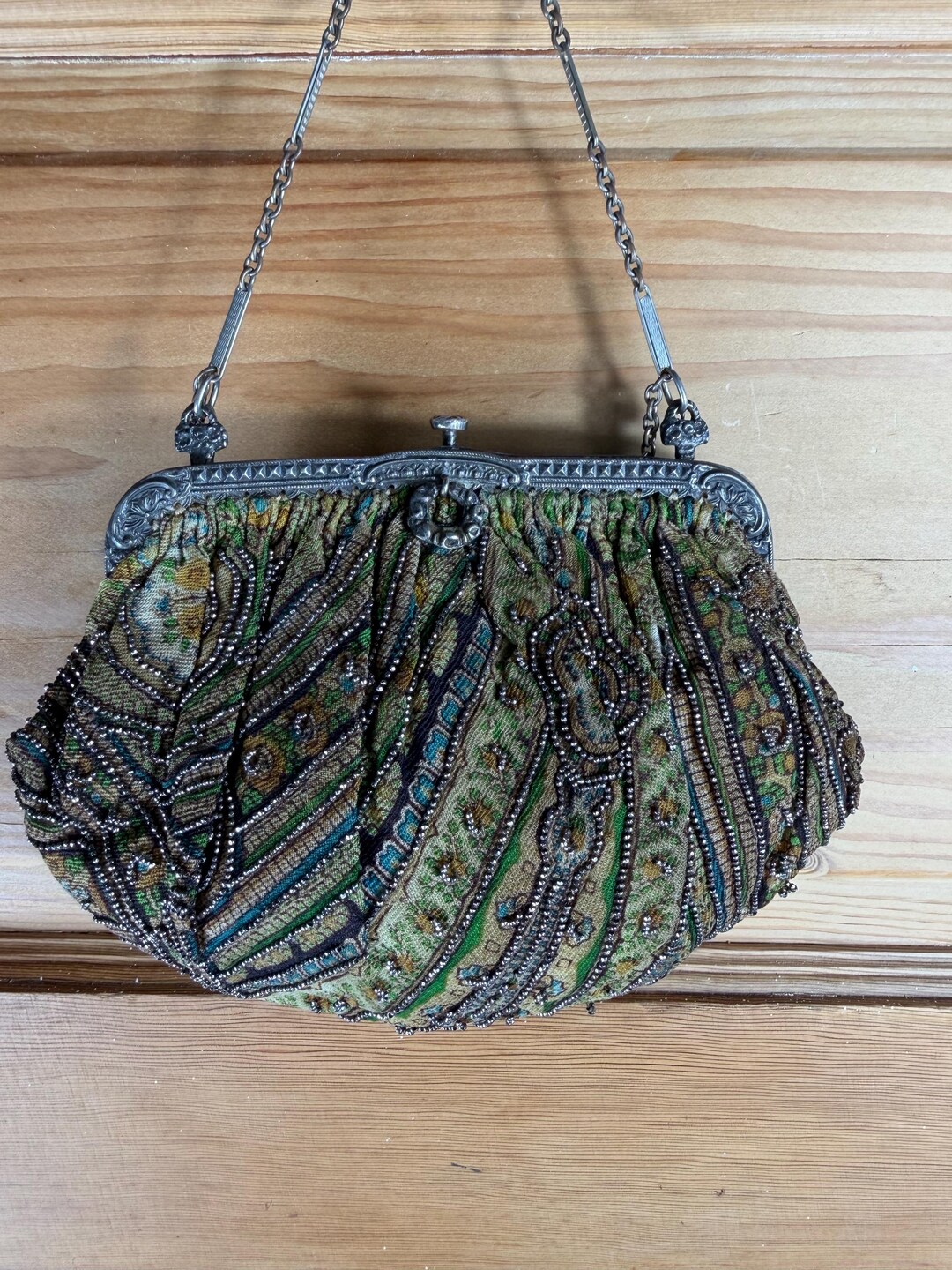 1920s Art Deco Paisley Beaded Evening Bag With Patented Silver-tone ...