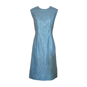 Vintage 50&#39;s 60&#39;s Saigon Mod Party Dress, Blue Daisy Silver Lace Sleeveless