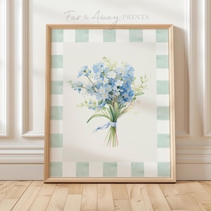 ENGLISH COTTAGE Vintage PRINT, Blue Flower Watercolour, Cottagecore, Digital Downloadable Wall Art, Soft Girl Green Aesthetic, Garden Floral