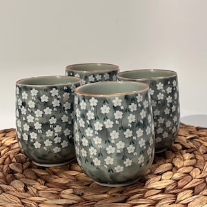Four Vintage Gray Floral Pottery Ceramic Sake Tea Cups
