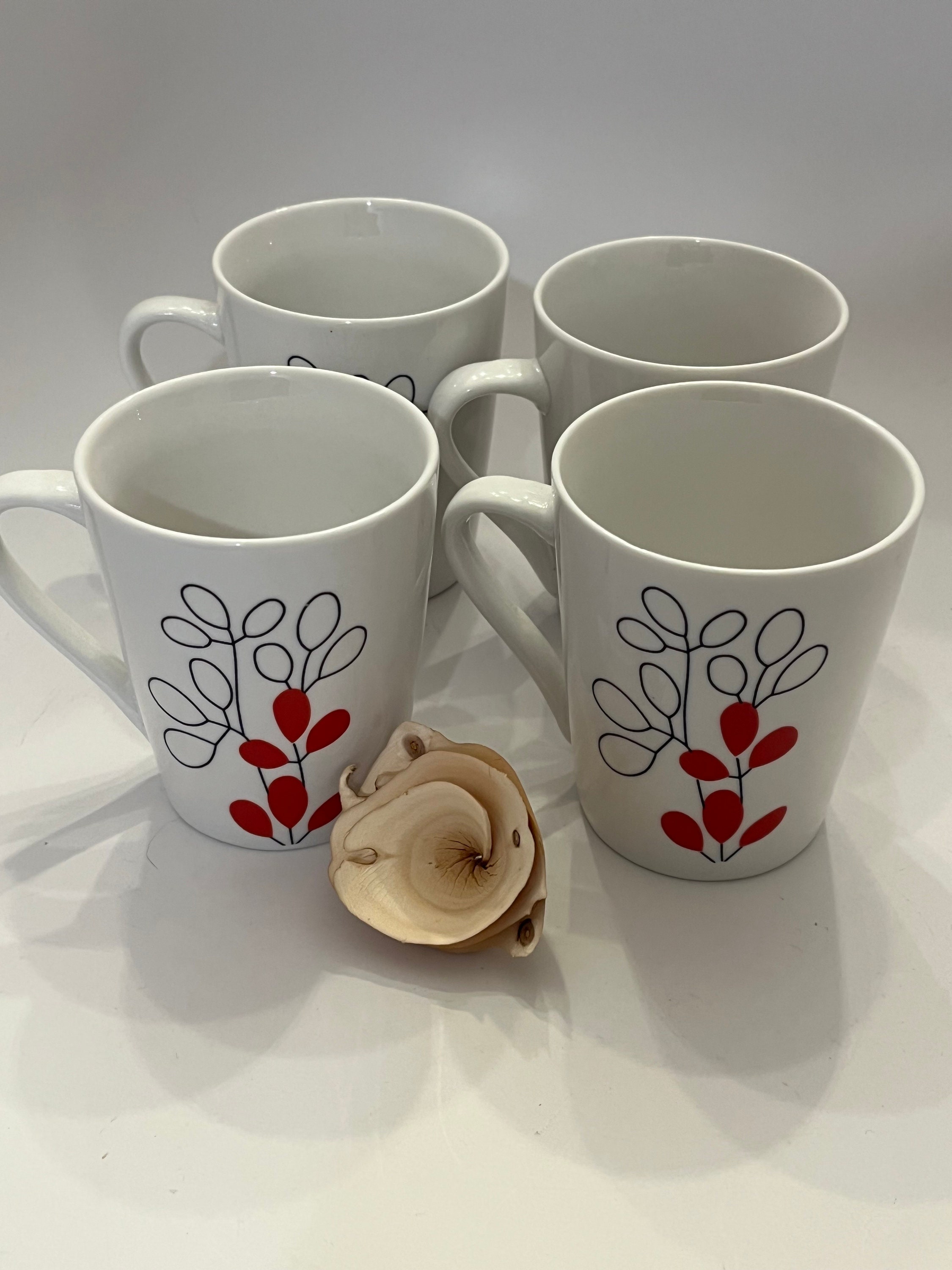 Four Vintage White and Red Floral Porcelain Coffee Mugs