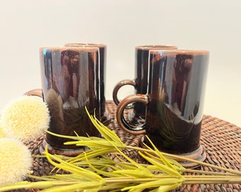 Four Vintage MCM Brown Drip Ceramic Stoneware Espresso Coffee Mugs