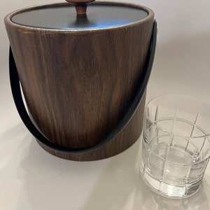 Vintage Brown Wood Look Ice Bucket with Pleather Handle
