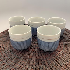 5 Japanese Blue Metallic Gold Grid Ceramic Sake Tea Cups