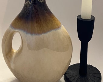 Vintage Brown Beige Ceramic Stoneware Pottery Vase With Handle