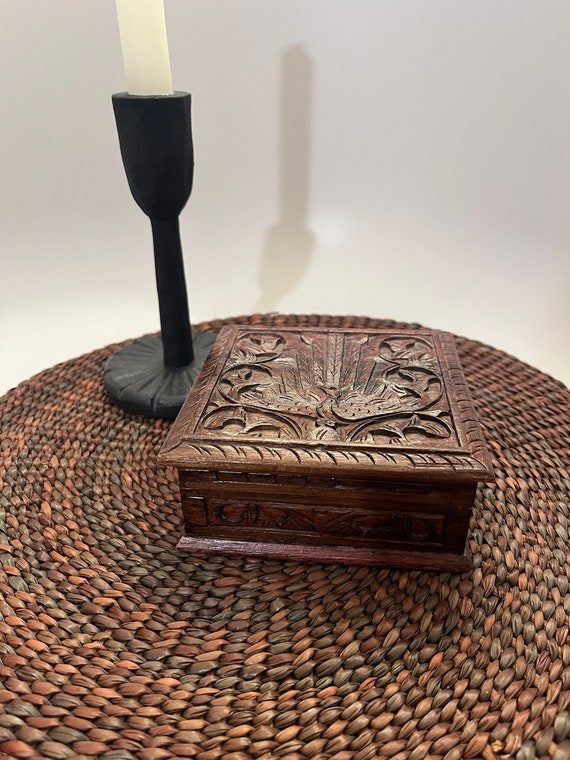 Vintage Boho Carved Wood Box with Bird Motif