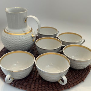Beautiful Vintage White Tea Pitcher and Six Cups