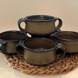 Five Vintage Glazed Ceramic Pottery Soup Bowls With Handles Brown Black