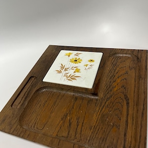 Vintage Georges Briard Fall Floral Tile Wooden Cheese Charcuterie Board Snack Tray MCM