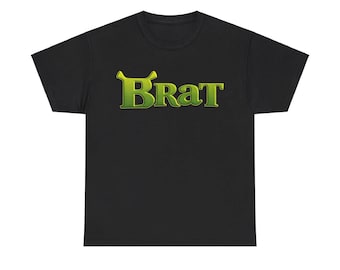 May include: Black t-shirt with a green and yellow graphic of the word "BRAT" in a stylized font.