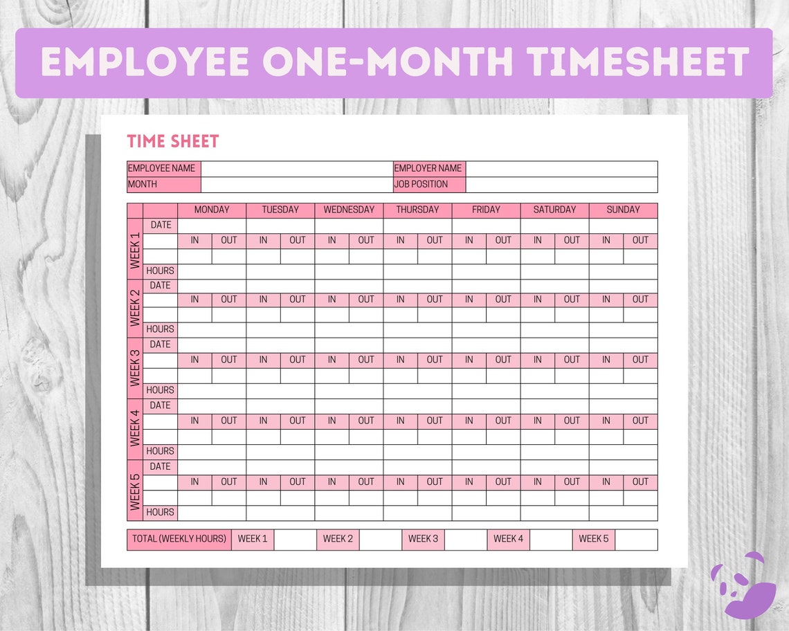 Employee Timesheet Onemonth Minimalist Design Printable Timesheet