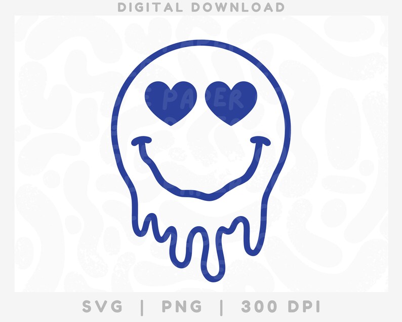 Drippy Heart Eyes Smiley Face SVG PNG, Melted Retro Smile (digital ...