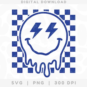 Checker Drippy Smiley Face SVG PNG, Melted Lightning Bolt Eyes Smiley Face Cut File, Retro Melted Smile svg