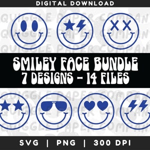 Smiley Faces SVG Bundle, Groovy Cricut Cut File, Retro Smile svg, Trendy Happy Face Clipart Bundle