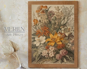 May include: A framed vintage botanical print depicting a bouquet of colourful flowers, including yellow, orange, red, and white blooms. The flowers are arranged in a vase and are surrounded by green leaves. The print is set against a light brown background.