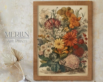 Op de afbeelding: Een vintage botanische illustratie van een boeket bloemen in een houten lijst. De bloemen zijn in tinten rood, oranje, geel en wit. De illustratie is op een crèmekleurige achtergrond.
