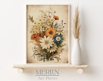 Op de afbeelding: Een vintage-print met een boeket bloemen in tinten wit, geel, oranje en blauw. De bloemen zijn in een vaas gerangschikt en staan ​​tegen een crèmekleurige achtergrond. De print is getiteld "MERLIN ART PRINTS".