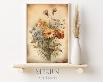May include: A watercolor painting of a bouquet of yellow, orange, and blue wildflowers on a vintage-looking background. The flowers are arranged in a vase and the background is a light brown color.