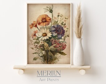 Vintage Wildflower Watercolor Painting, Antique Floral Art (Digital Download)
