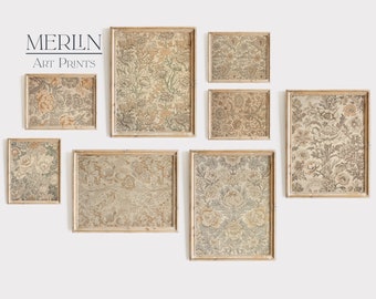 Vintage Neutral Textile Gallery Set of 8 Prints, Antique Tapestry Wall Art #G13-8